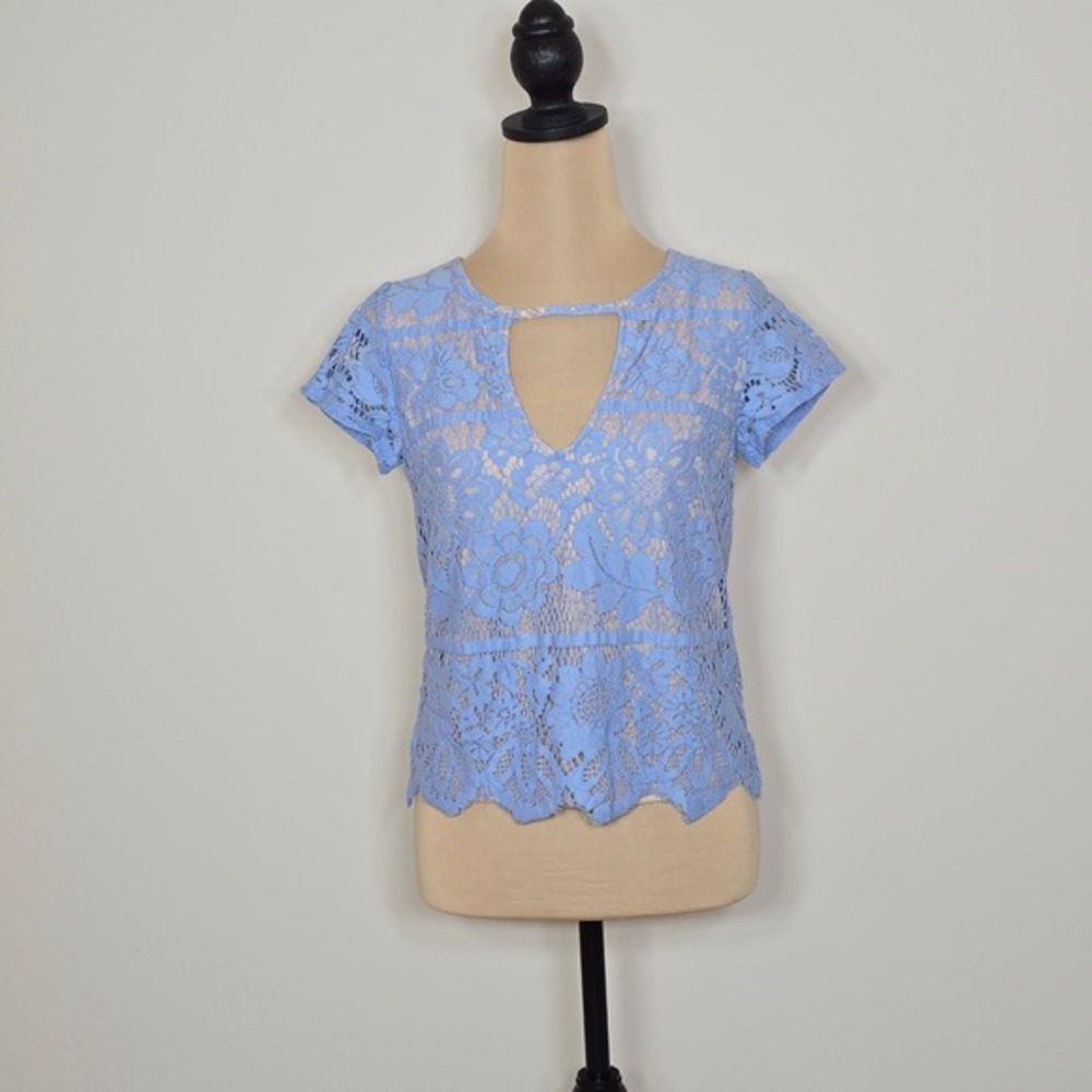 Express Lace Keyhole Neck Short Sleeve Blouse Top Periwinkle Blue‎ XS